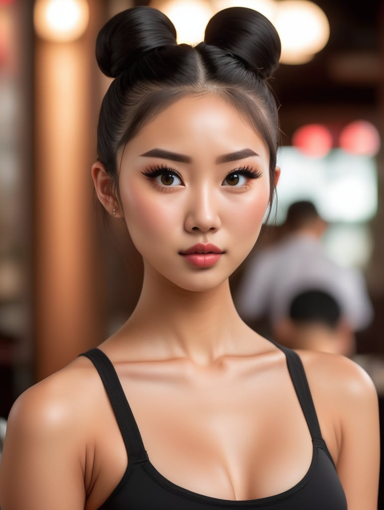 Fully body portrait of a petite Asian baddie, restaurant waitress, 20 years old, thin eyes, big lips, annoyed, perfect butt, tiny black compression shorts, tight body, skinny, hair bun, long fake eyelashes, dark complexion