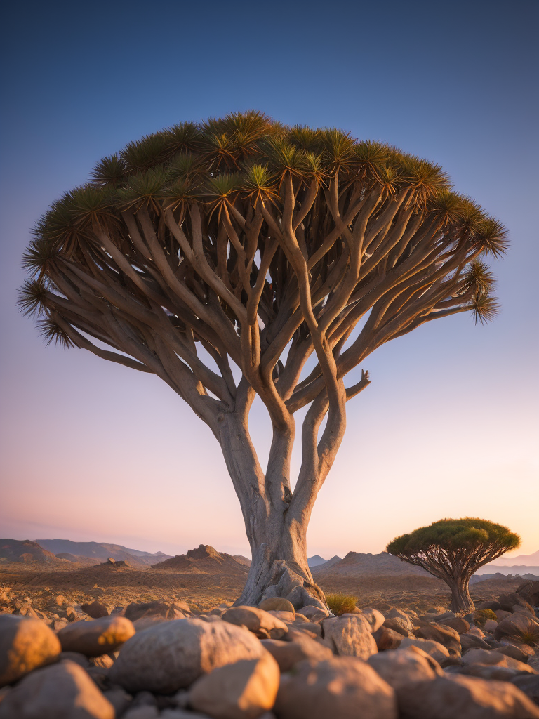 Dragon blood tree, savanna, sunset, Depth of field, Incredibly high detailed, stones, rocks, mountains on the horizon