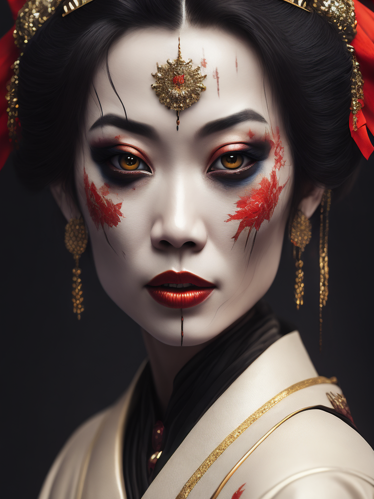 Portrait art of undead geisha, detailed, intricate, full of colour, cinematic lighting, 4k, focused, extreme details, cinematic, masterpiece