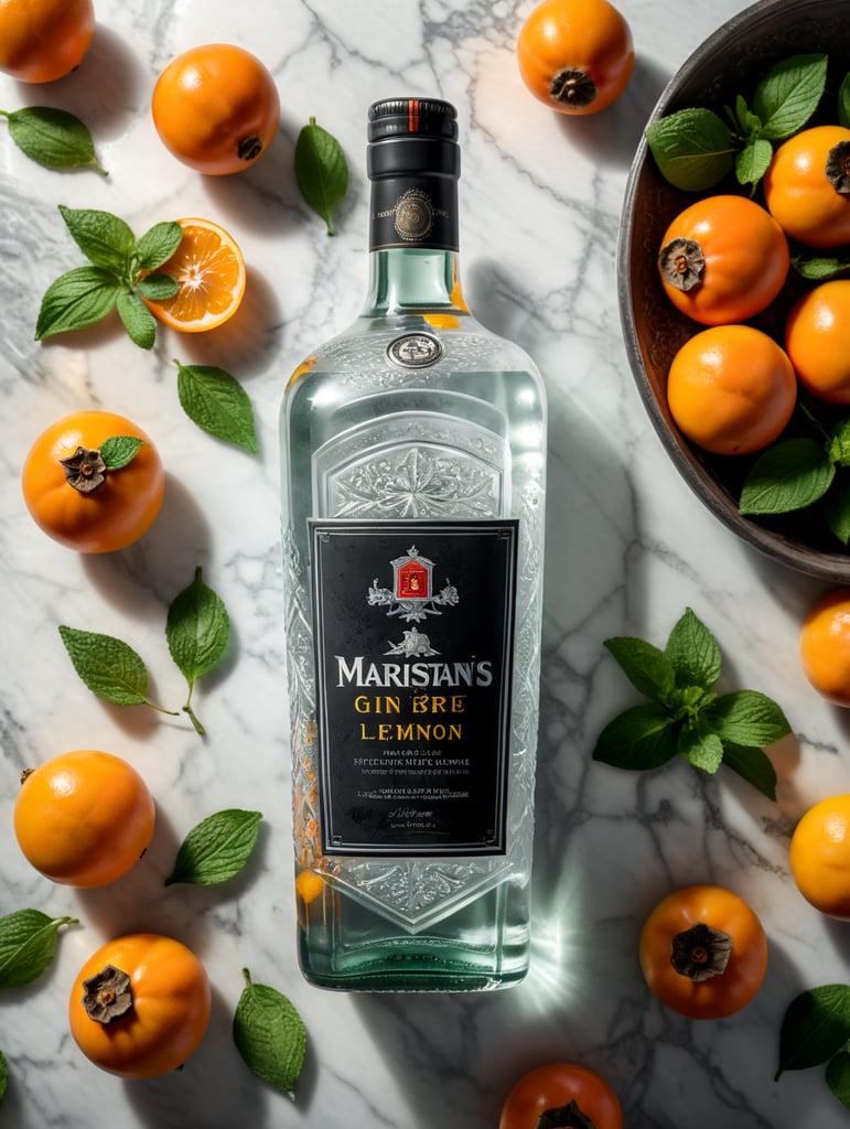 professional photo of a gin bottle on a white marble table surrounded by lemons, persimmons and mint, natural light