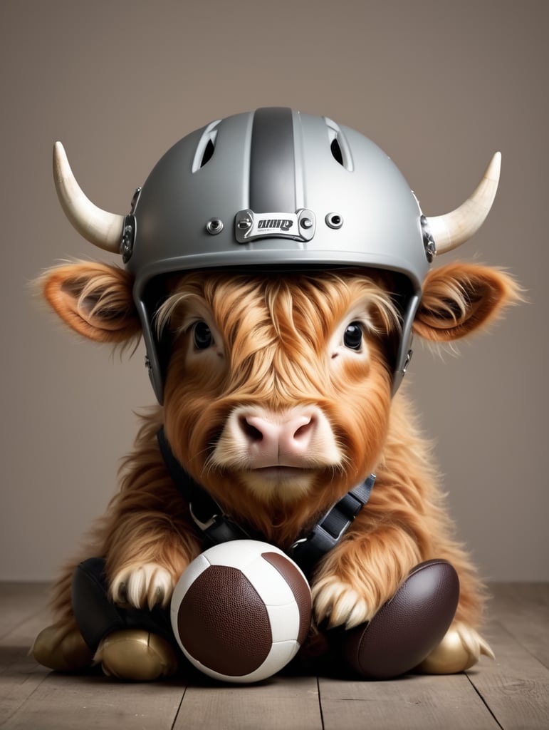 cute baby Highland Cow sitting wearing a football helmet