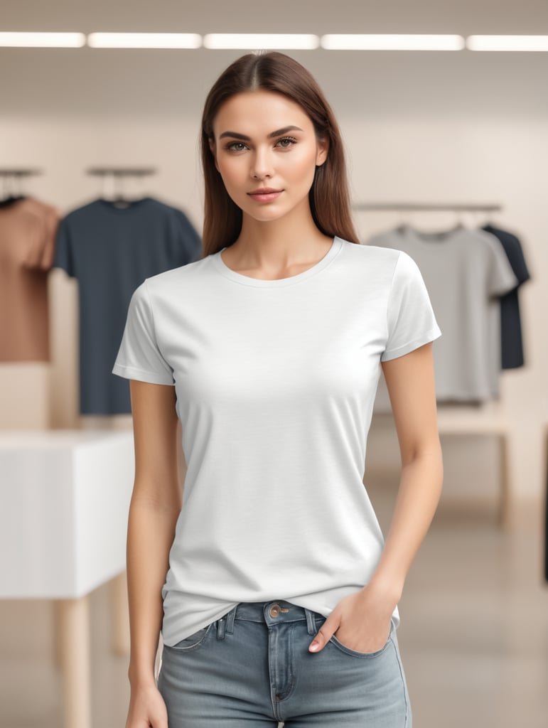 Woman wearing blank T-Shirt in Clothing Store Mockup