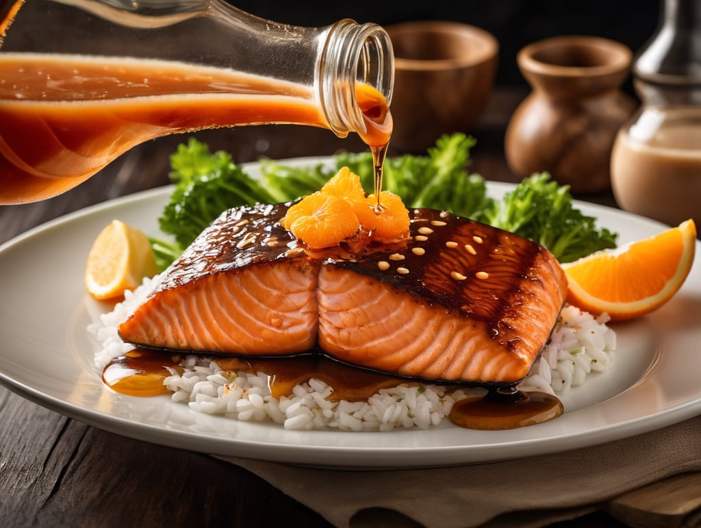 Teriyaki Dressing mixed with some orange syrup pouring over a salmon on a dinner plate, keep the bottle that the teriyaki dressing is pouring from in proportion