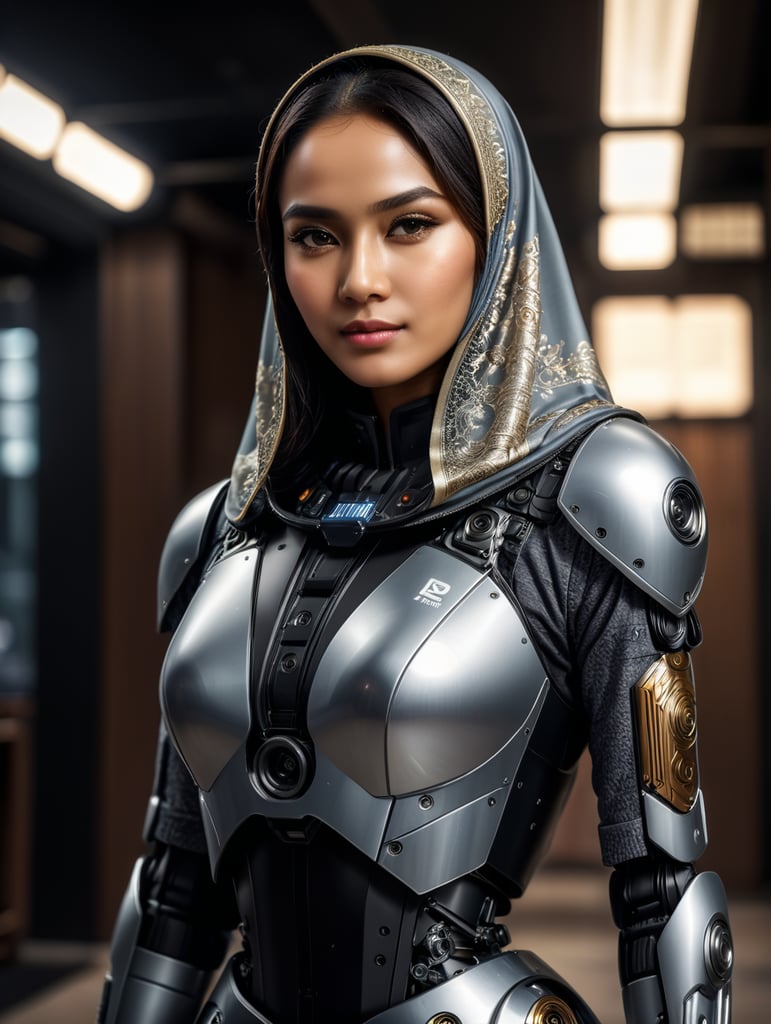 foto seluruh badan Seorang perempuan Indonesia dengan hijab syar'i dengan pakaian modern robot , Ultra HD, Professional photography, ultrafine detailed, crazy details, intricate details.