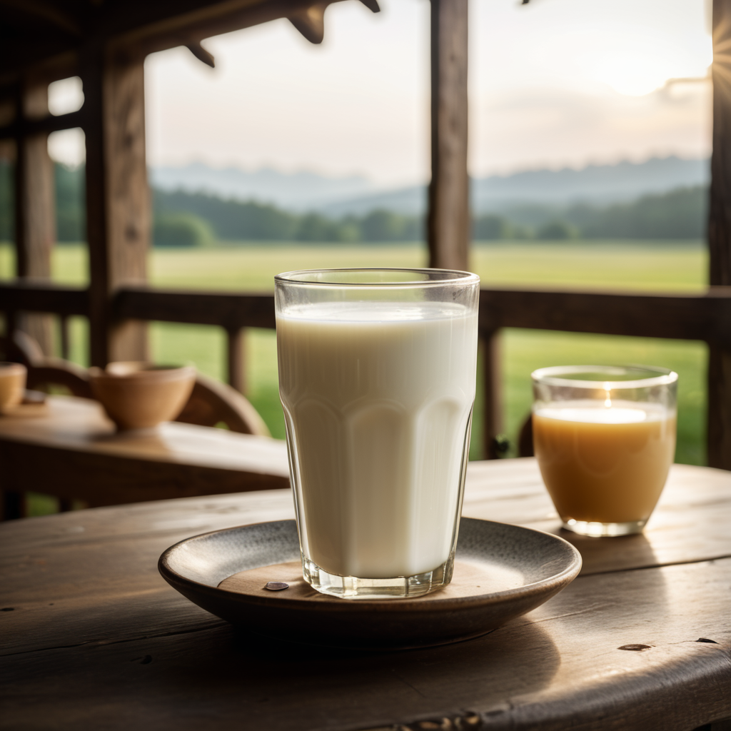 A mockup of a glass of milk, early morning, farm breakfast, blurred background