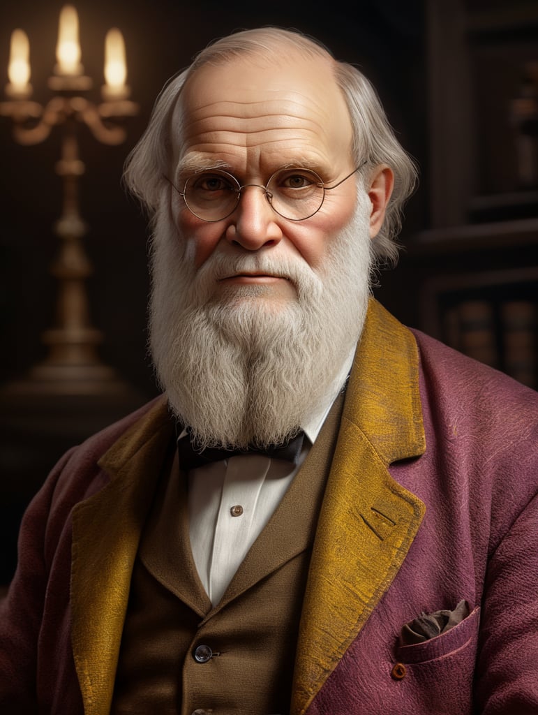 standing centered Portrait of Charles Darwin, bright and saturated colors, highly detailed, sharp focus, Bright expressive, Dramatic Lighting, Depth of field, Incredibly high detailed, on a white background