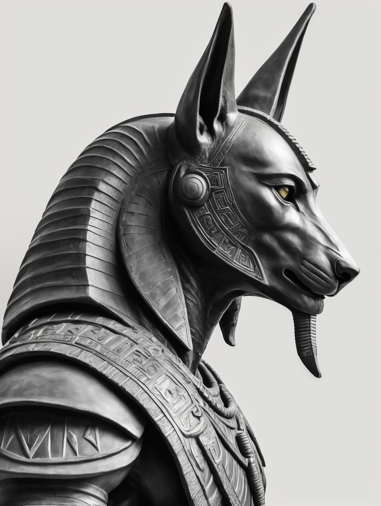 Anubis statue. Side view. Long nose. Upper body and head. Torso. Head. Egyptian warrior. mysterious. Majestic. Solemn. White background. Strong eyes. Grey skin. Black and grey and white image