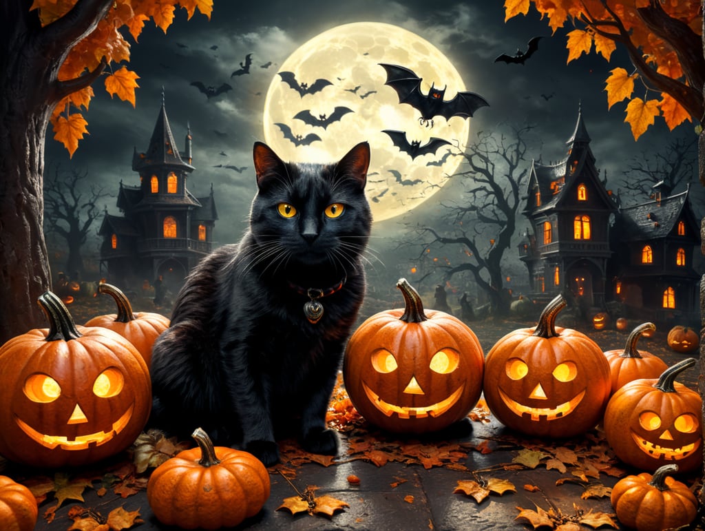 Halloween background with black cat and pumpkins. And leave some space in the middle.