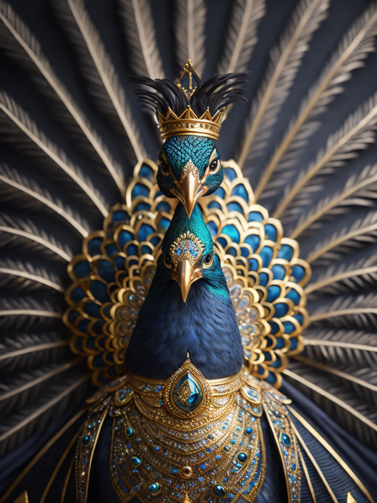 Magical king peacock wearing expensive jewelry that is magnificent, incredibly detailed, intricate, with brilliant bright shimmering sparkling glittering diamonds on glowing shining precious luminous gold, Royal rich luxurious