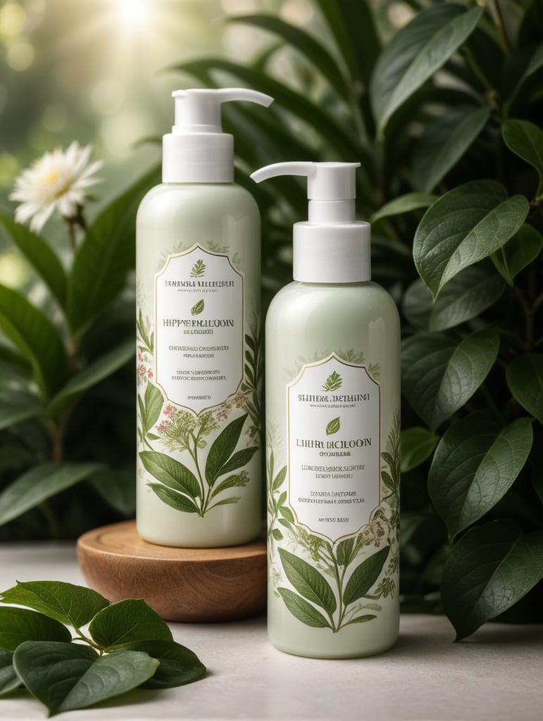 Skincare lotion bottle mockup, botanical background