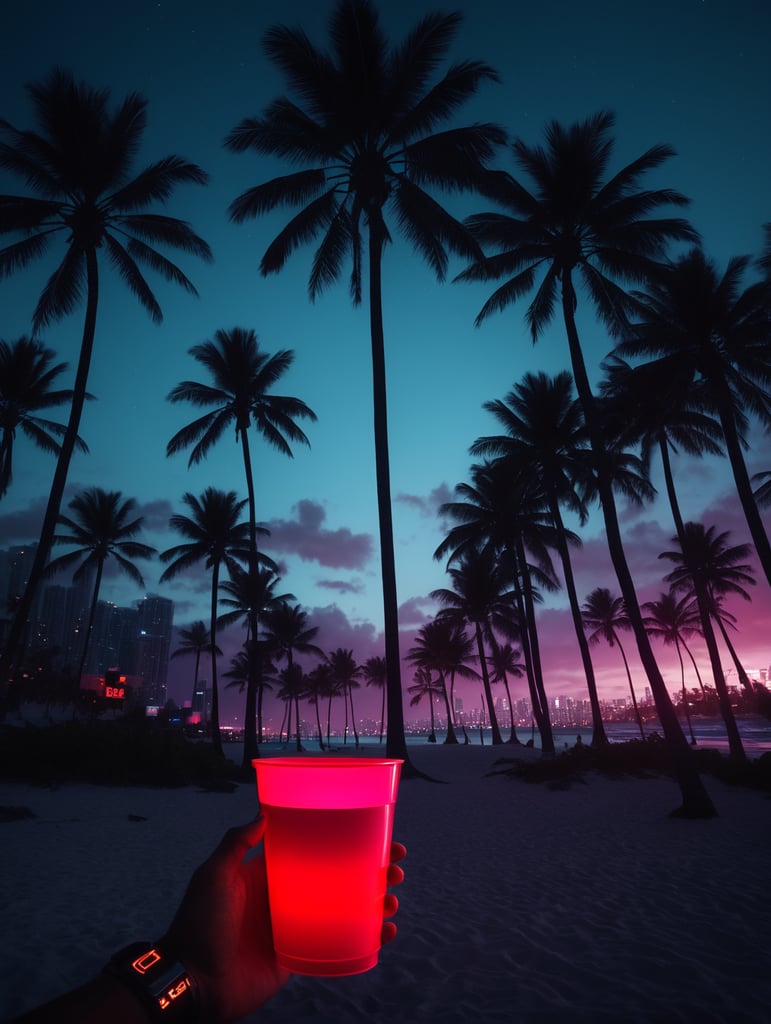 hyper realistic neon palette, highly detailed Miami beach at nighttime, black hand holding a red plastic cup, exotic watch, palm trees, unreal engine, octane render, cinematic lighting, y2k, bright colors, hyper realistic, low angle, 16k, 8K UHD, 8K texture, cinematic, rim lighting, neon palette, color theory, dramatic, volumetric lighting, 35 mm, in focus, unreal engine, highly detailed, octane render, ultra-high resolution.