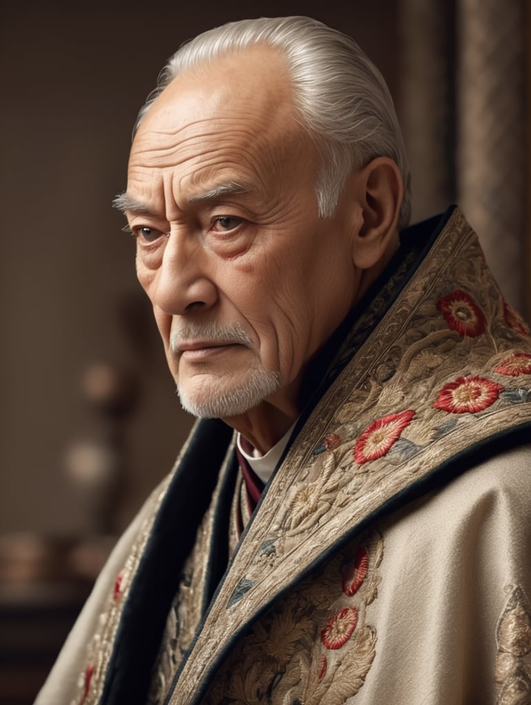 Looks like a wise man. Has a high age 70 A high forehead with sophisticated parallel long dressed in an embroidered prominent cheekbones.