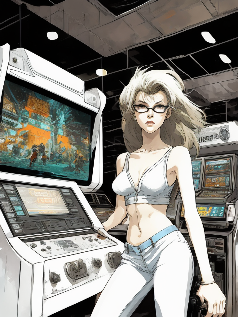 Vintage 90's anime style environmental wide shot of a chaotic arcade at a woman wearing glasses playing an arcade by hajime sorayama, greg tocchini, virgil finlay, sci-fi. line art. environmental arcade art.