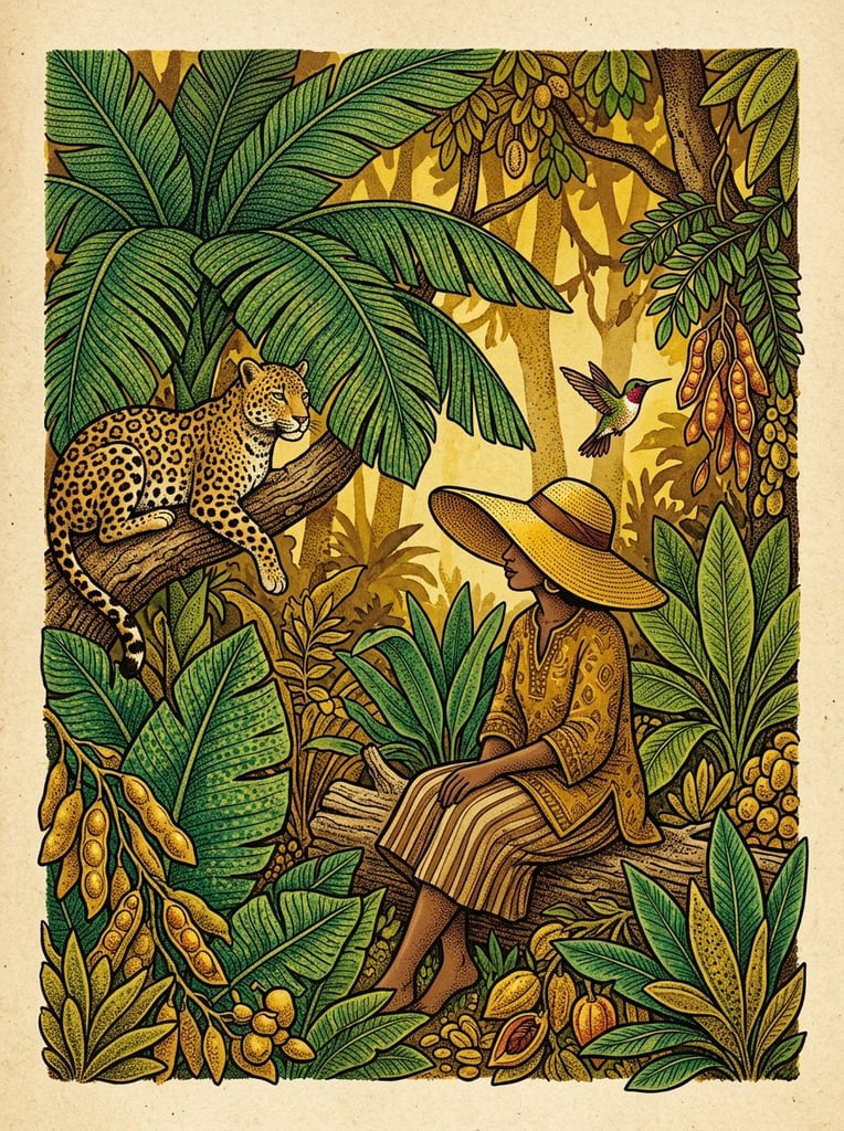 Stylized tropical illustration with heavy stippled texture. A figure in a wide yellow hat sits among giant emerald leaves and golden pods. A spotted leopard and hummingbird rest nearby in a warm palette of green, yellow, and brown.