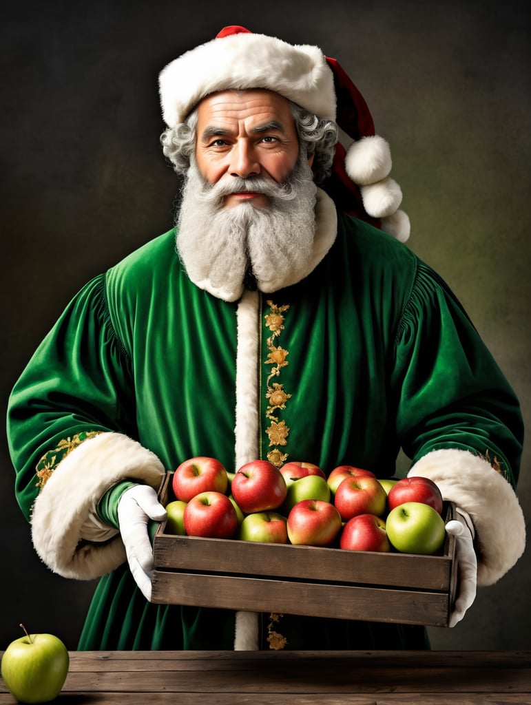 Portrait of an Italian Santa Claus in 17th century clothing holding a box of ripe apples. The apples have the right texture and green color. The box is made of dark wood with a beautiful texture.