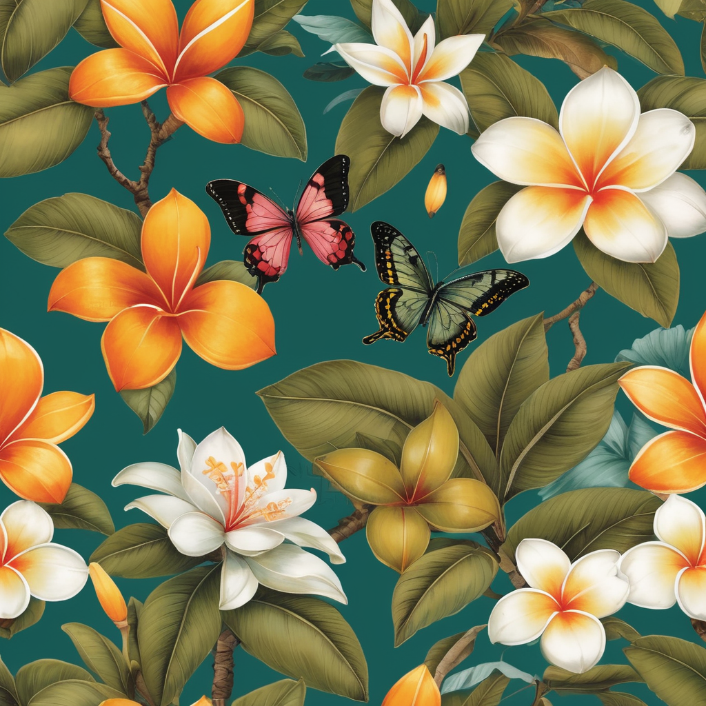 Oriental luxury floral patterns in the style of Balinese and Peranakan culture::1 trailing blousy Frangipani blooms::1.25 fabric [1 butterfly flying on a tree, Frangipani, botanical mango leaves, oriental floral] prints::5 opulent florals with an Indienne twist::olive colour:1 ostentatious feminity::1 repeating seamless pattern::4 patternbank::1 wide angle::2::flemish baroque::rococo --no watermark, text --v 4