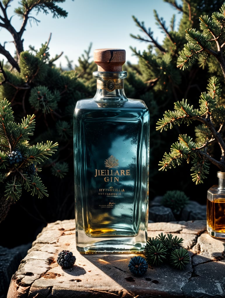 professional photography of a square gin bottle, square bottle, surrounding a juniper and juniper berries, one shot of tequila, salt, no label, clear, mockup