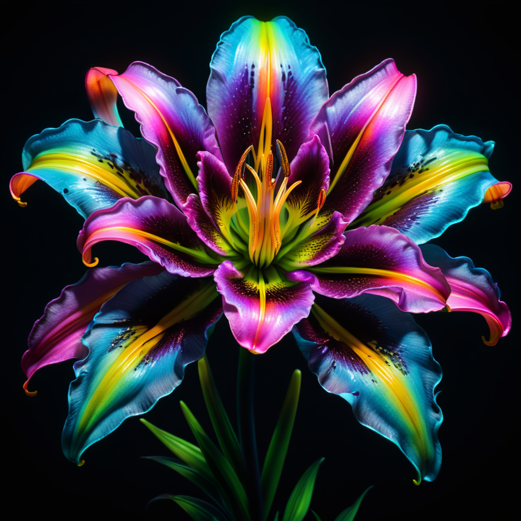 holographic neon lily with a black background