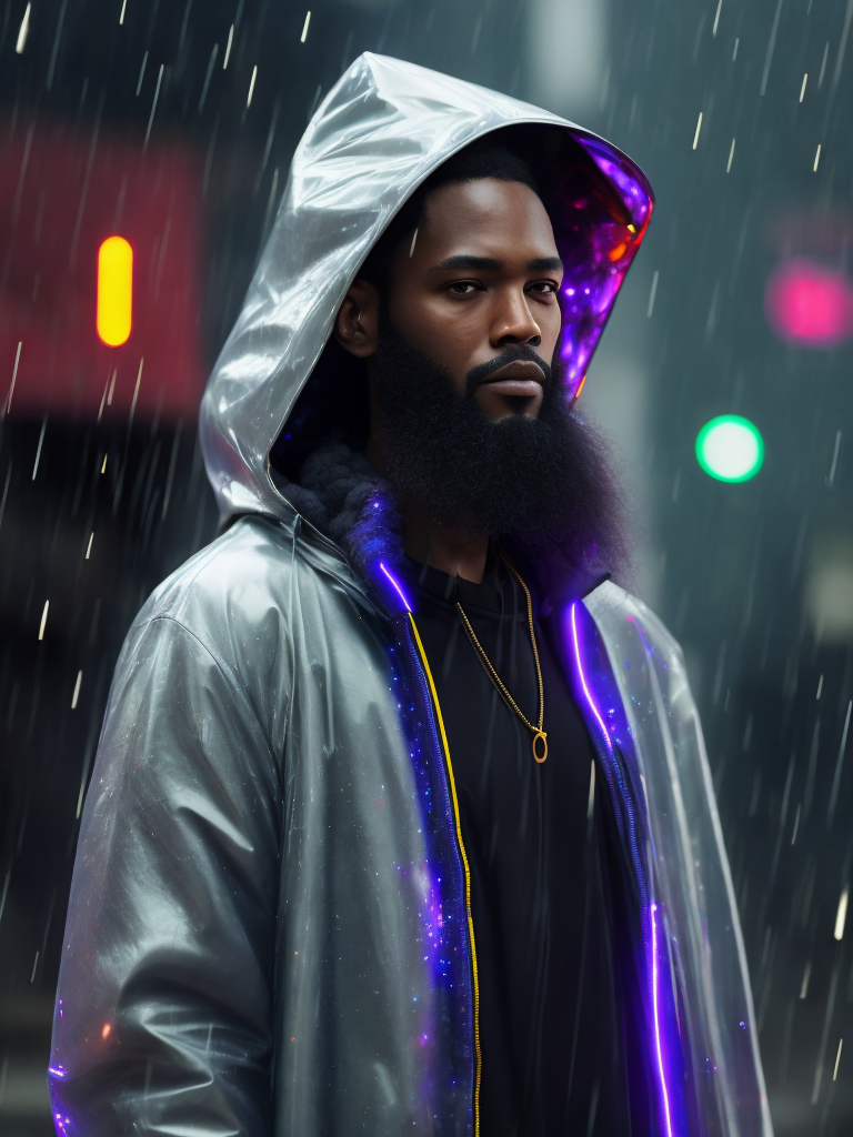 a black man with a long beard wearing ((transparent raincoat)), under the rain, ultra realistic, neon lights