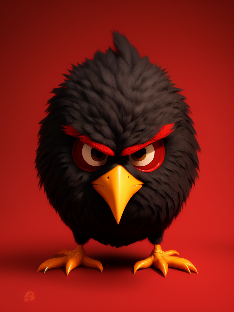 angry birds, black round bird on red background, standing centered in 3D style, rendered using beautiful Disney animation, Pixar style, Disney style, 3D style