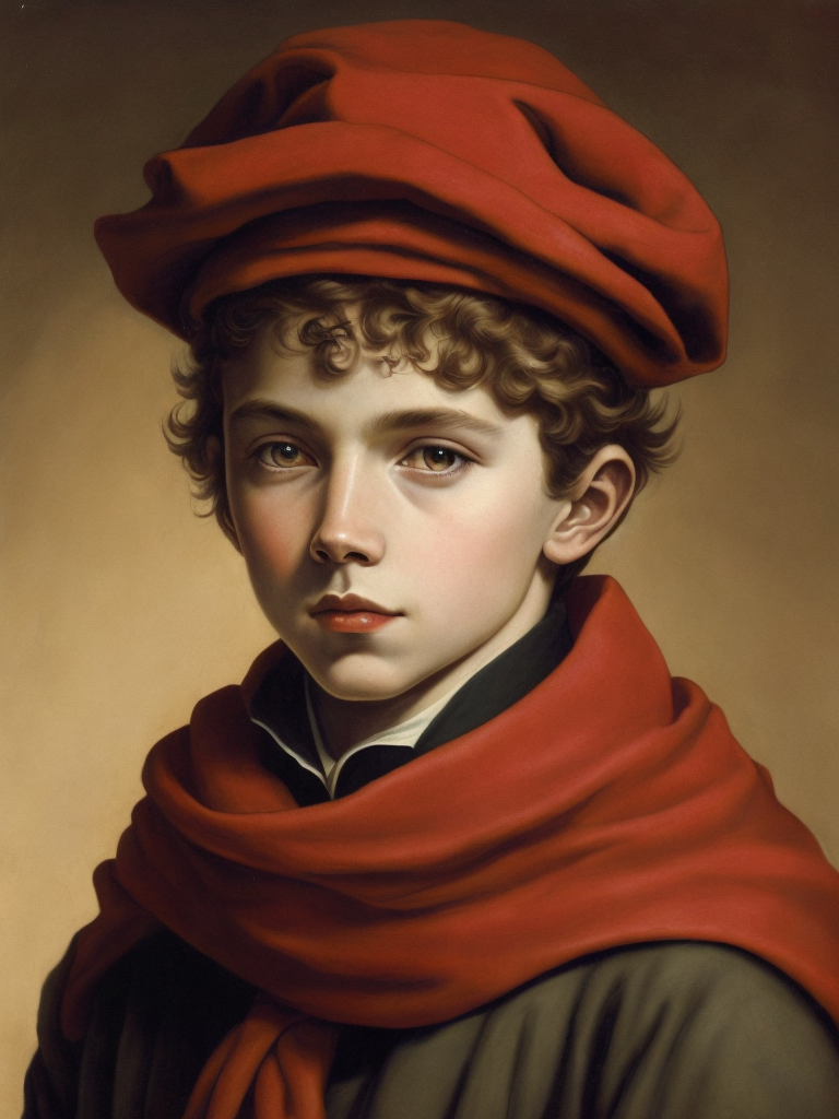 pioneer boy with a red scarf around his neck and a red cap in the style of the artist Jan van Eyck.