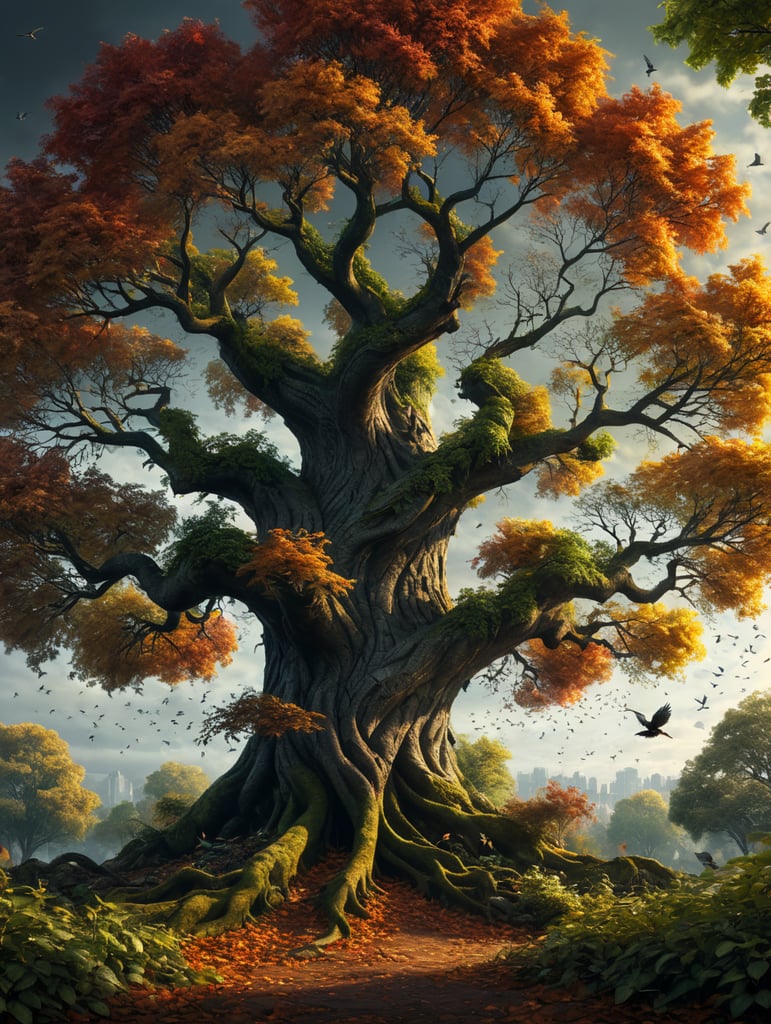 A beautiful tree with branches beautiful leaves in three colors, and in two different directions, and birds above it.