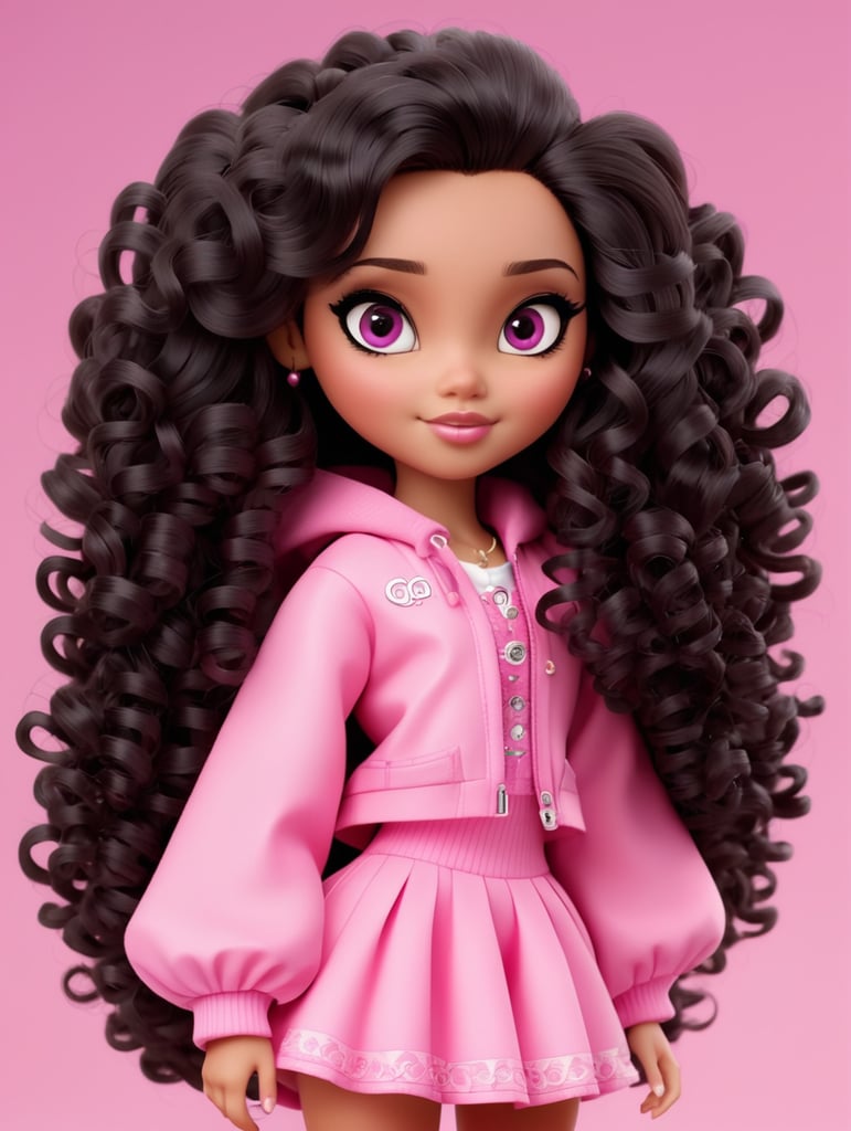 long black medium curly hair, dark brown eyes, pink outfit, bratz doll style