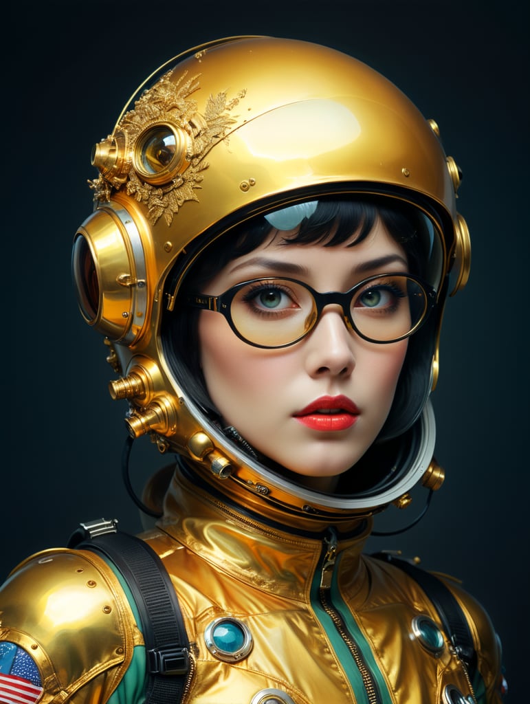 In 1998, abstract fashion photography captured a 1960s astronaut woman in a gold spacesuit with a large helmet and glasses. The art, created by Victor Moscoso and Bridget Riley, used Kodak Ektar 100 film. Carne Griffiths added a touch of magic with fluid art, while artists like Conrad Roset, Ilya Kuvshinov, Mark Fielding, and Zwy Studio emphasized high lights in the eyes. Sergio Lopez and Natalie Shau also contributed to the artwork.