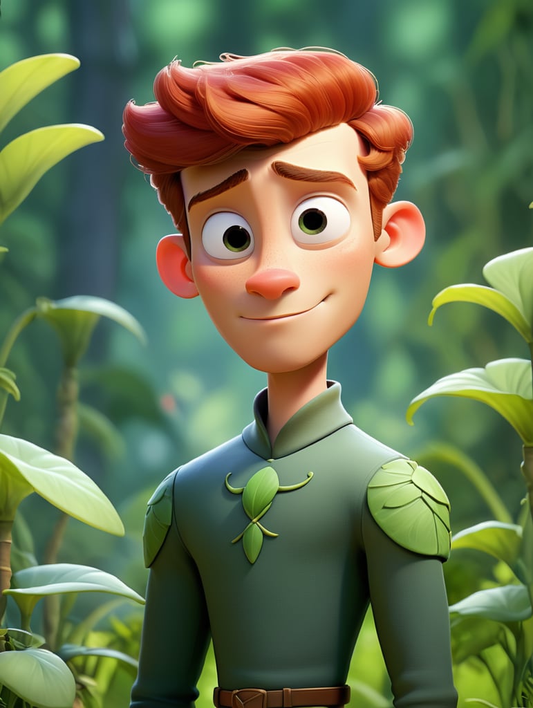 Crea al principe del reino de las plantas que vista de color verde, su nariz sea repintada, su cabello es corto y de color rojo, su piel es blanca y el es delgado y con una apariencia inocente, utiliza ropa muy femenina, la cara del principe es un pocomo femenina