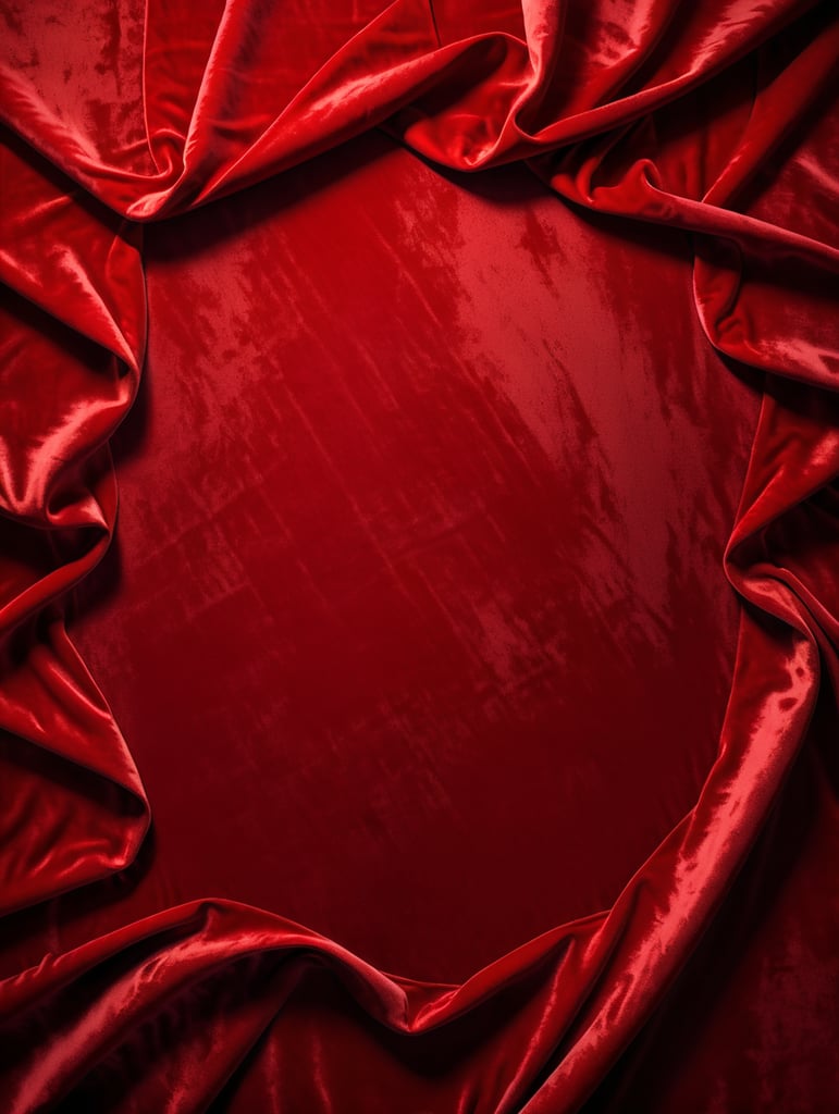 Lightly draped luxurious red velvet cloth background. Flat in the middle. Warm spotlight in center. Top view. Photorealistic. Decorative red shiny lines.