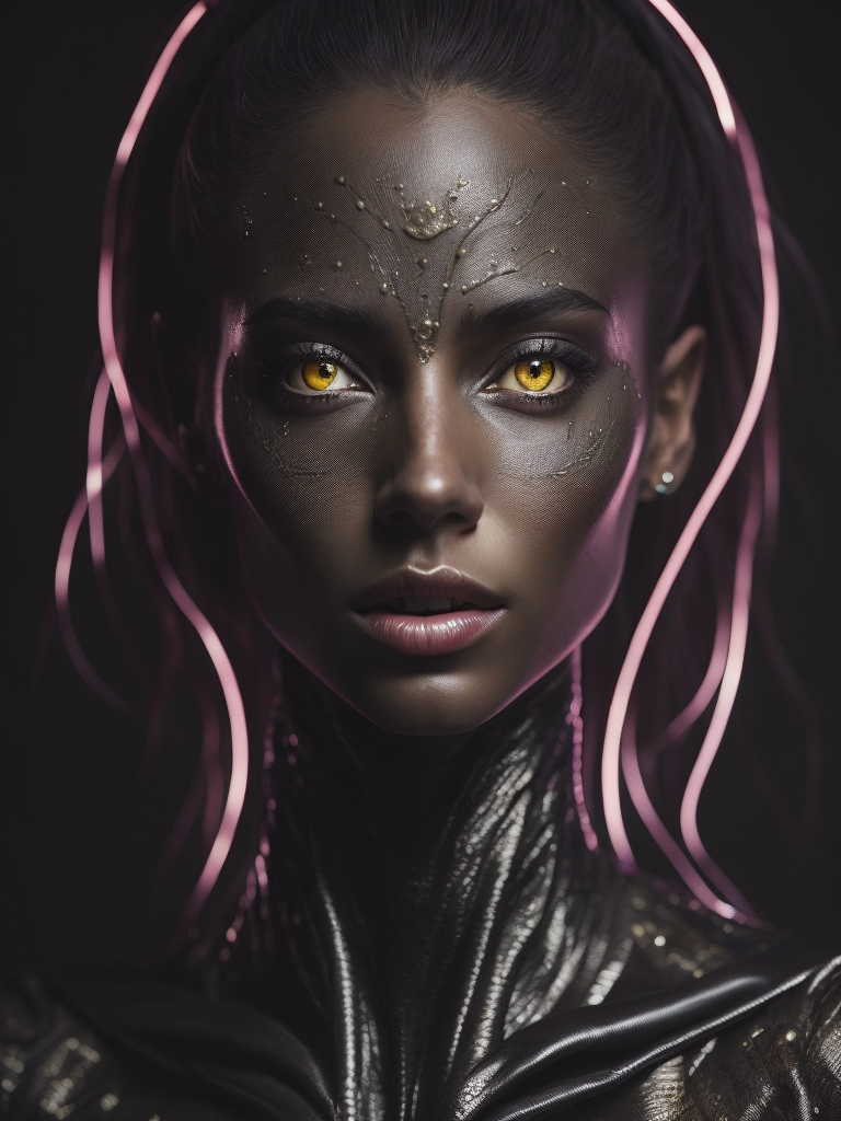 Beautiful alien girl with pink skin and yellow eyes, portrait, black background
