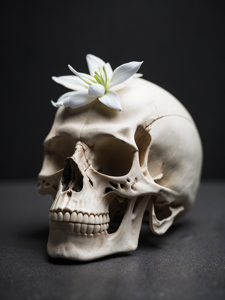very detailed side view of human skull, with white lilies , shallow depth of field focus, black background, moody dramatic lighting, candles dead insects and dead ravens