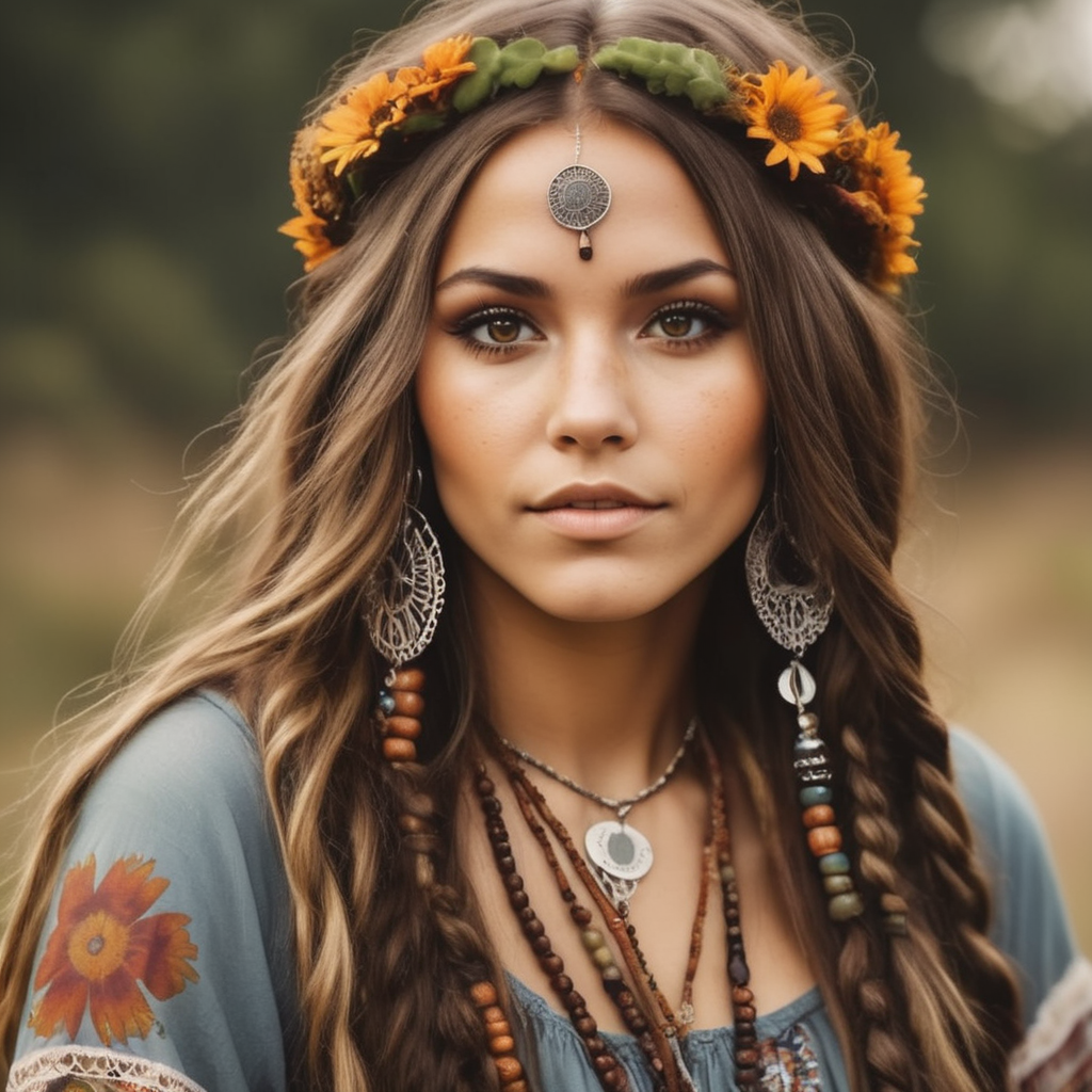 make a 70s hippie girl with brown long hair. her left arm has tattoo sleeve. she has dreadlocks underneath her hair. she’s wearing a bohemian style dress like a hippie. hazel eyes. nose ring.