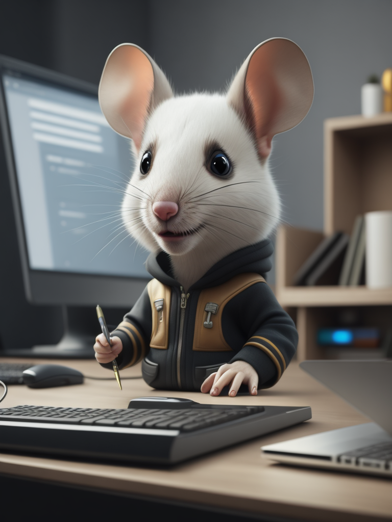 Cute white mouse look like a human stylized as a software engineer near the computer