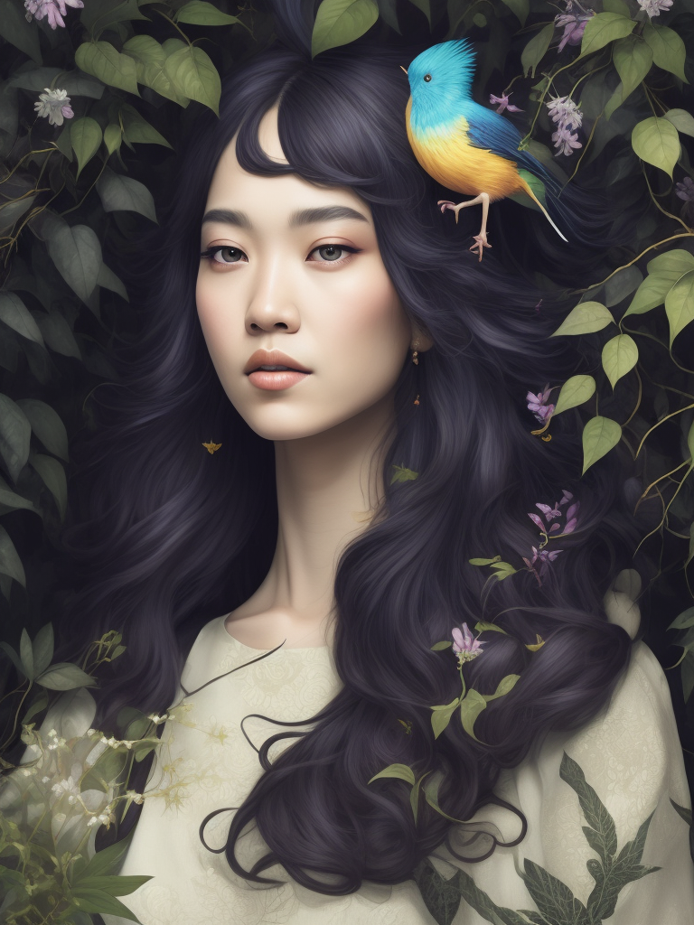 beautiful cute front portrait Korean ninfa, big long curly hair, herbs pastel colors, next to a white tree with green leafs, fliying blue birds, flowers purple by victo ngai, kilian eng, dynamic lighting, digital art, art by Takato yamamoto