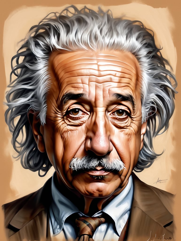 Albert Einstein drawing, in the style of iconic pop culture caricatures, hyperrealistic paintings, john larriva, chris dyer, alberto giacometti, light brown, humorous caricature, Messy hair , face tattoo