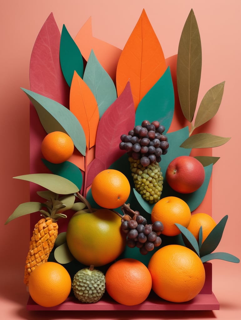 Escultura de materiales orgánicos, hojas, frutas y figuras geométricas de colores vibrantes inspiradas en luis barragan. En un set fotográfico renacentista