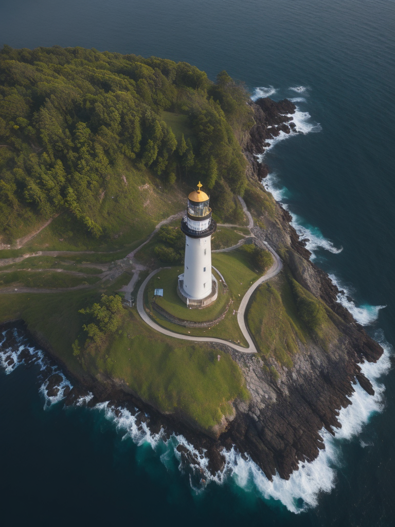 Drone photography, aerial view, Lighthouse island, Hyperdetailed, Beautiful landscape, Rocky cliffs, grass, Surreal, ocean, Coastal, Natural lighting, shadows, Chiaroscuro, waterfall, Hdr, 8k, wallpaper, Ivan Shishkin, Dustin Lefevre, intricate detail, Photorealistic