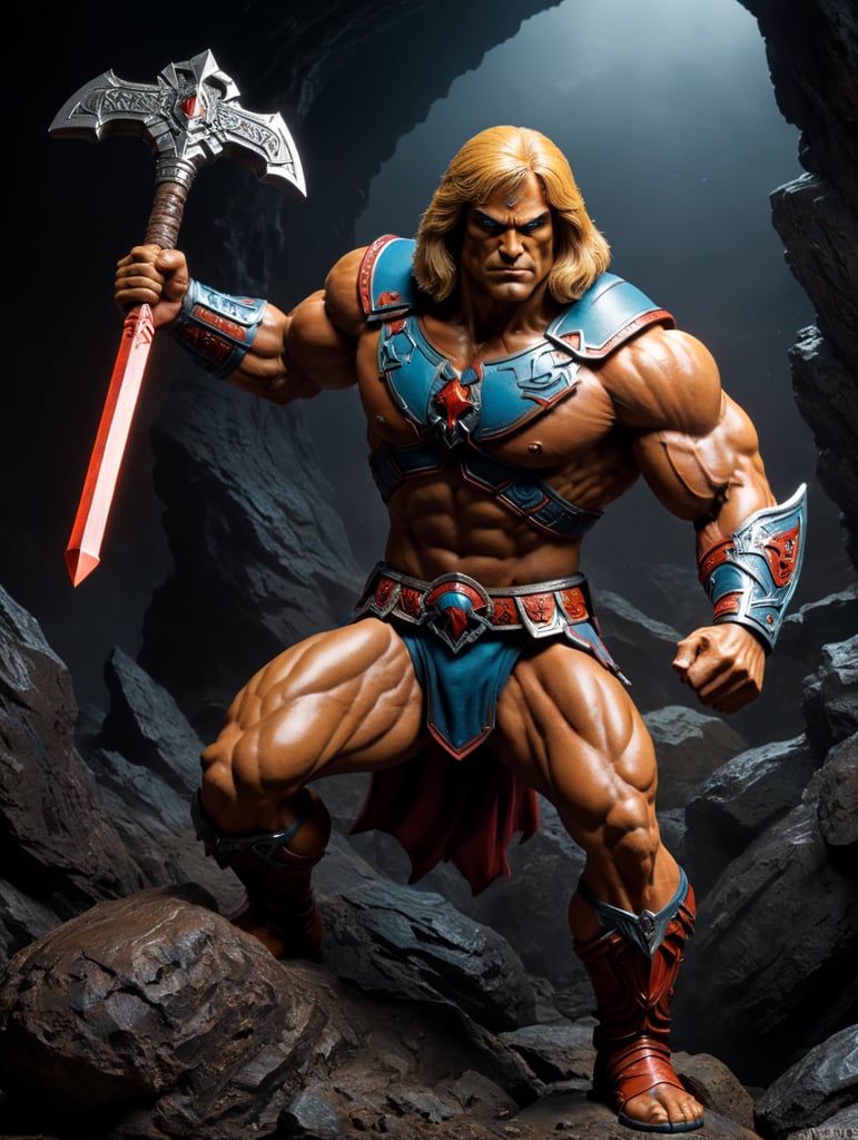 Create a He-Man Action figure in a dramatic superhero pose.