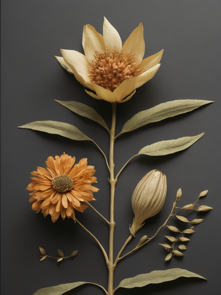 Ashoka Tree Flower, Leaves, Pod, and Seed ,Northern Renaissance,watercolor , gouache, papercraft, fading border,by Martin Schongauer and Maria Sibylla Merian