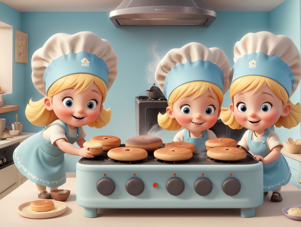 soft rounded CGI style illustrated image of children baking welsh cakes on a stove. view point from behind child looking at the working. soft pastel colours