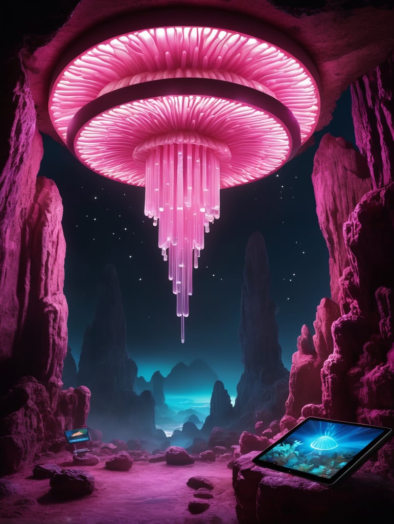 dark cave, luminescent mushrooms grow from below, stalagmites grow from above on the ceiling, on the background, in the middle on a natural pedestal levitates an electronic tablet tablet, which emits neon lighting, in which you can see a dashboard and a program for earning money - this is the main element of the composition, around it a small number of glowing pink crystals - symbolizing earnings, on the ceiling on the background hangs down head down a flying mouse with wings spread out