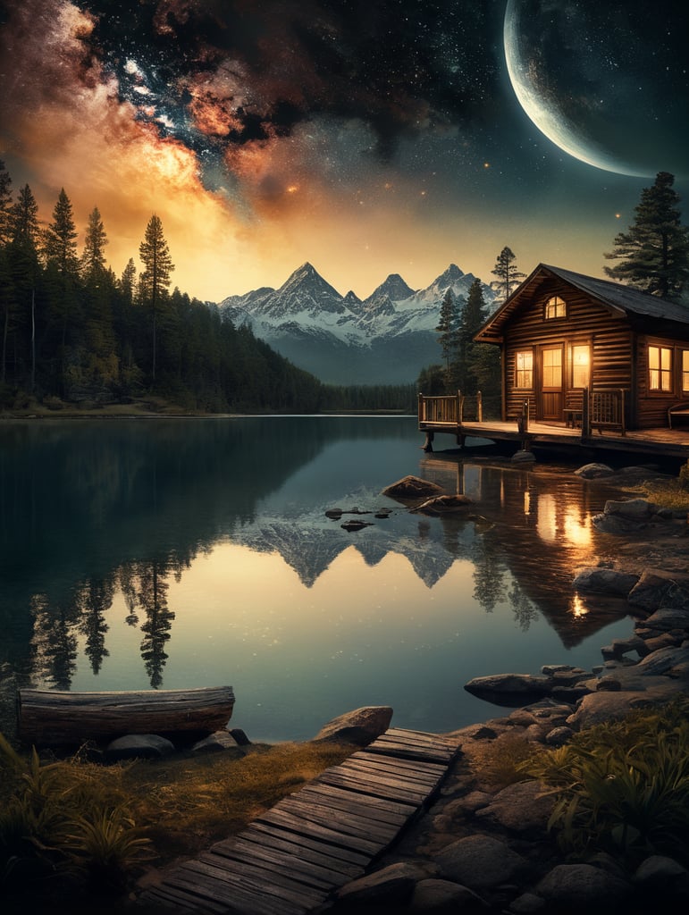 A vintage-style movie poster for "Chasing Shadows," featuring a night sky filled with stars as the backdrop. In the foreground, there's a serene moonlit lake, reflecting the starry night. On the lake's edge, there's an old cabin, warmly illuminated from within. The focal point of the poster is a celestial phenomenon—a bright, fiery comet, meteor, or fireball streaking across the sky, capturing the moment of impact. Around the cabin and near the lake's edge, there are shadowy figures, partially obscured and ambiguous, leaving viewers uncertain about their nature—human or otherworldly. The poster has a dark and moody color palette with a vintage sepia tone or desaturated colors. It should have a textured, worn appearance to evoke nostalgia. The title, "Chasing Shadows," is displayed in a classic, vintage-style font reminiscent of 80s horror movies. A mysterious tagline, "They Came from the Stars. Secrets from the Shadows," is placed below the title, adding to the intrigue.