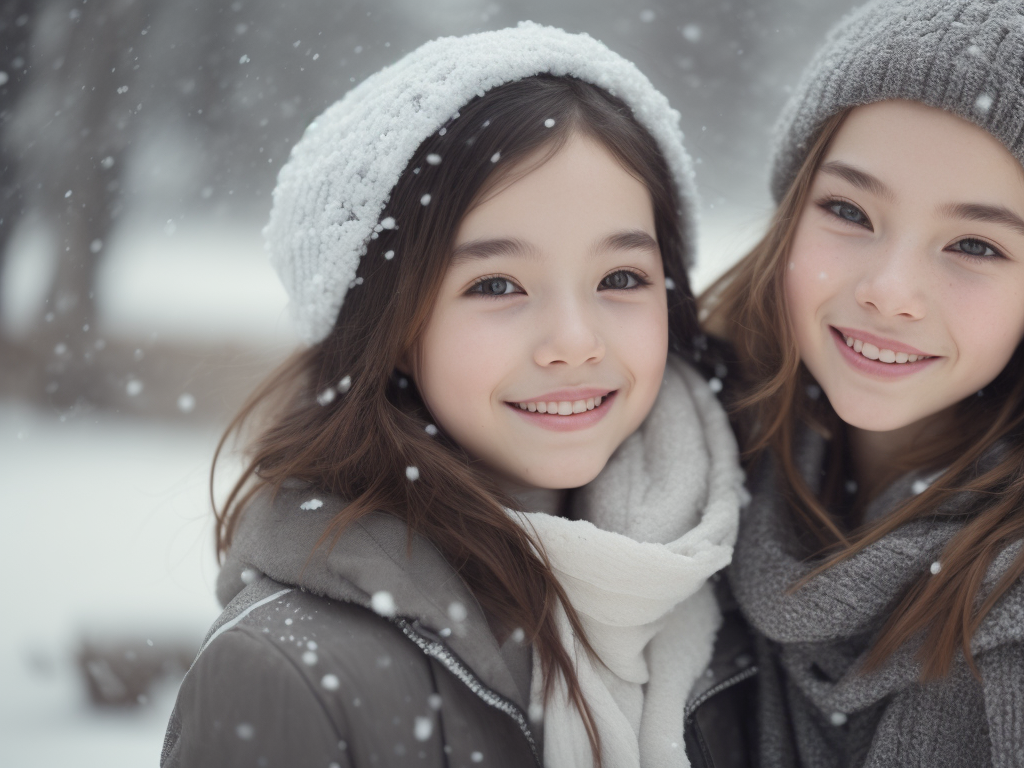 long shot, portrait of a cute 2girls, smiles, snow flakes, snow, winter