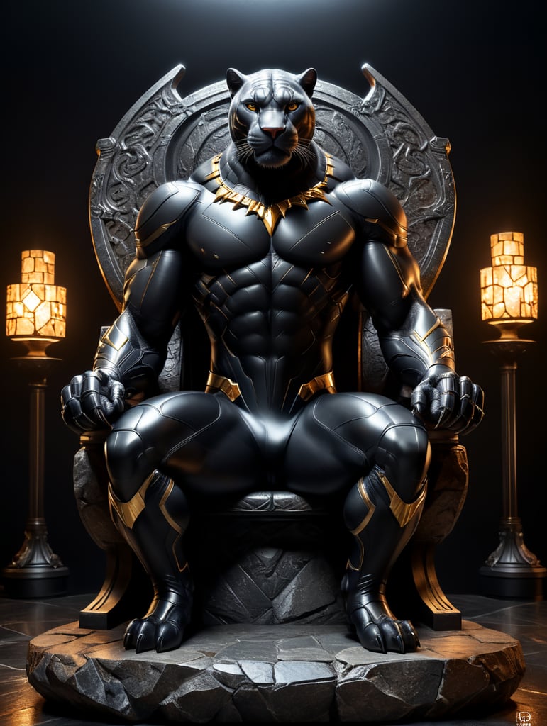 Panter Like Syper Hero setting in a beautiful modern stone chair, studio shot, black background, studio light, hyper realistic, hyper detailed