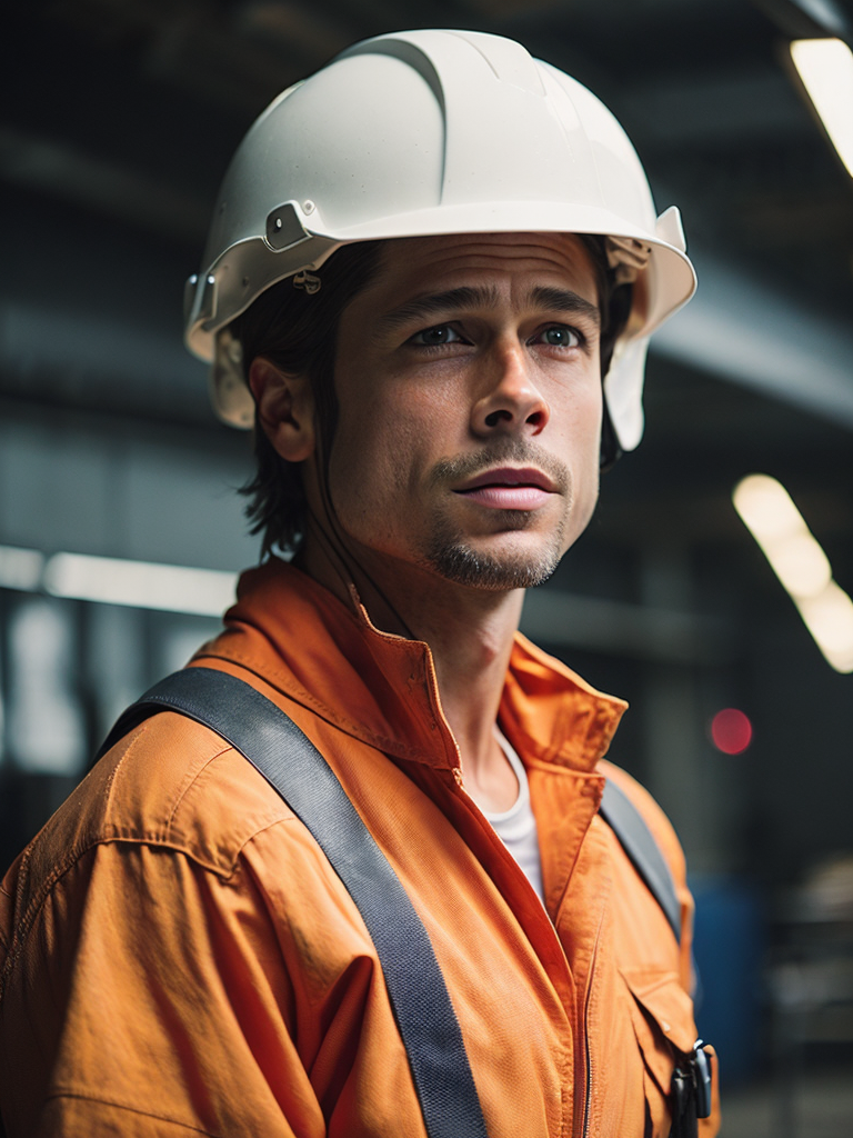portrait of Brad Pitt as oil worker, wearing a white plastic helmet and orange robe