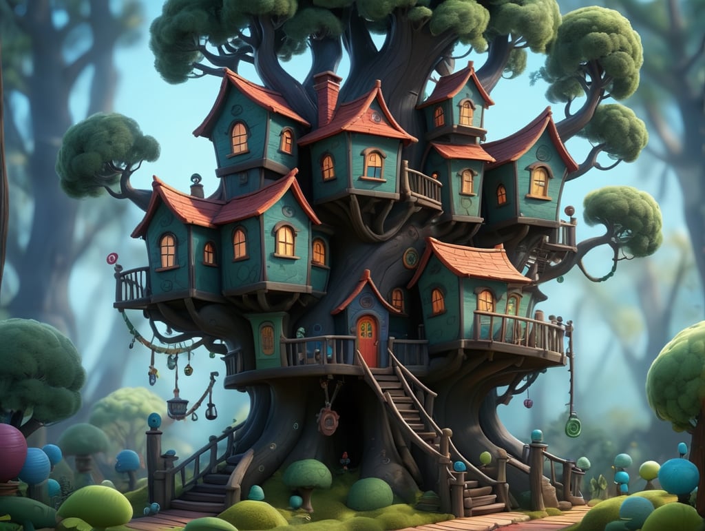 An elaborate, whimsical, treehouse in the style of Tim Burton on a bright sunny day. The tree's leaves are a base hex color of #88e00a the tree trunk is hex color of #683519. The wood of the house is painted hex color #fffc4d.