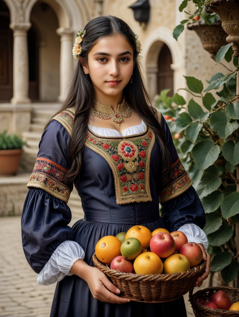 Azerbaijani girl in national dress of the 18th century holding a fruit basket. The girl has black hair.