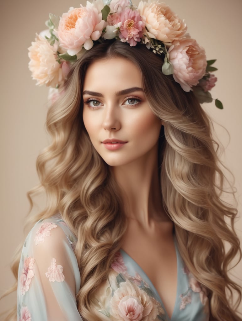 portrait of young caucasion slim woman with a bouquet of big and small flowers in hair, long wavy hair, wind, pastel colours, silk clothing, no eyes, blurred creme background