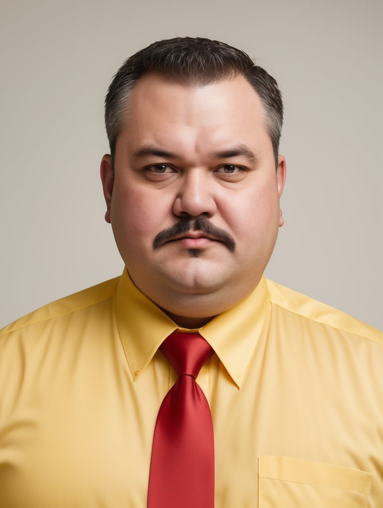 fat man wearing yellow shirt and red Necktie